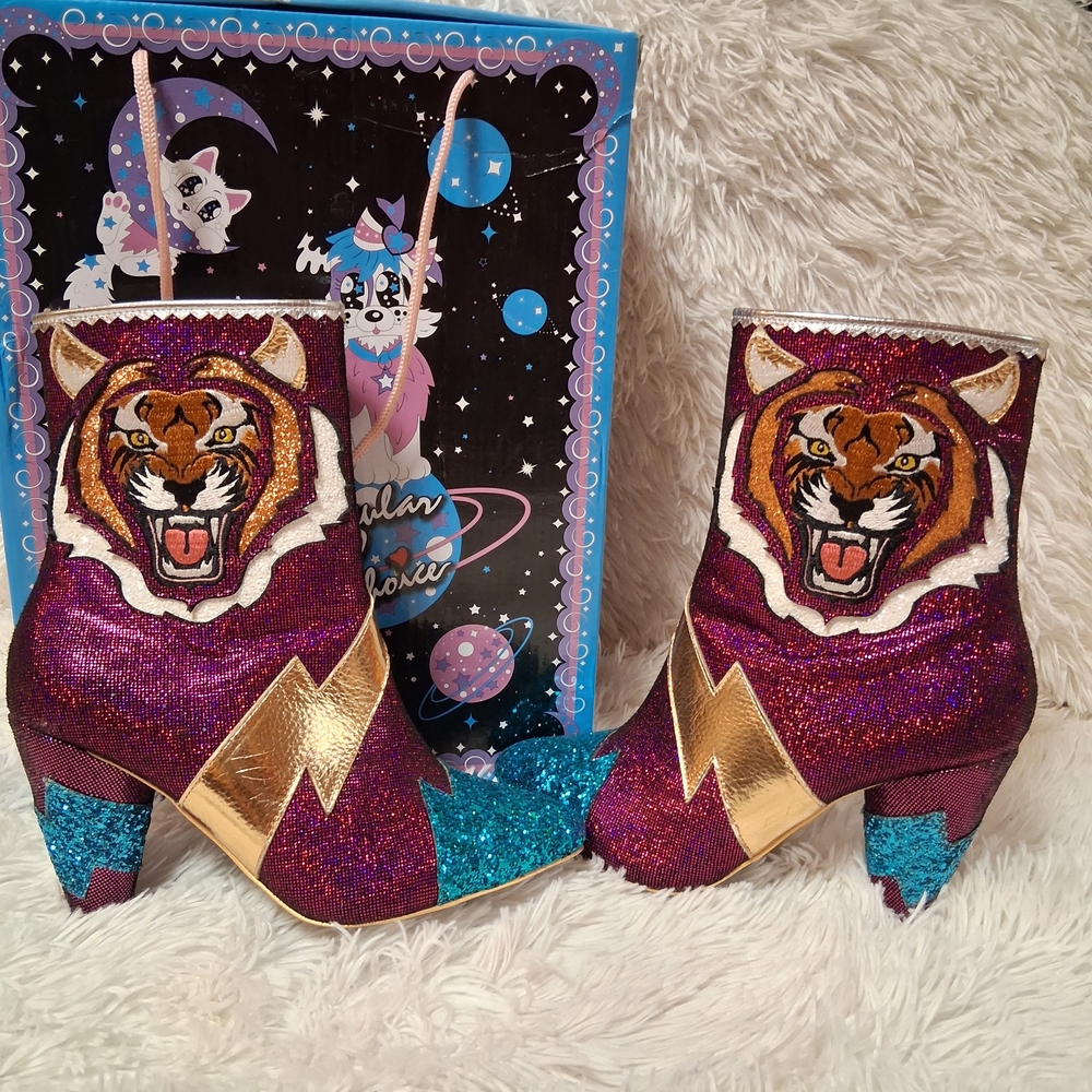 Irregular Choice Purple, Gold, Teal Tiger Embroidered Glitter Ankle Boots Size7